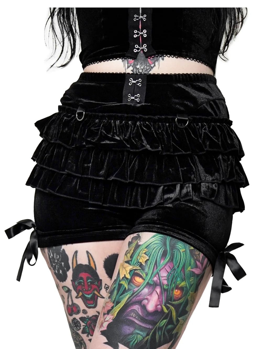 Gothic Velvet Ruffle Bloomers Shorts - Black